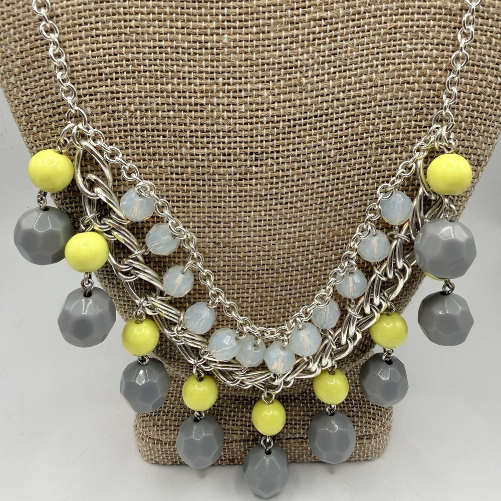 AVON New Dawn Silver Tone Bib Necklace 18" Yellow Gray White Opalescence